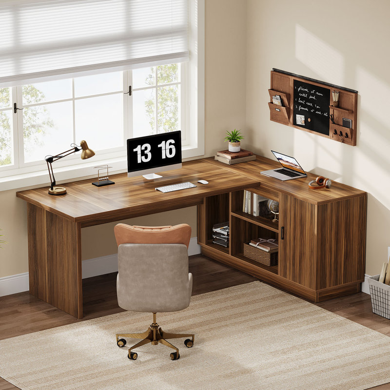 Bureau de direction de 70,8 pouces avec classeur, table d'ordinateur en L avec tablettes de rangement, noyer clair (chaises non incluses)