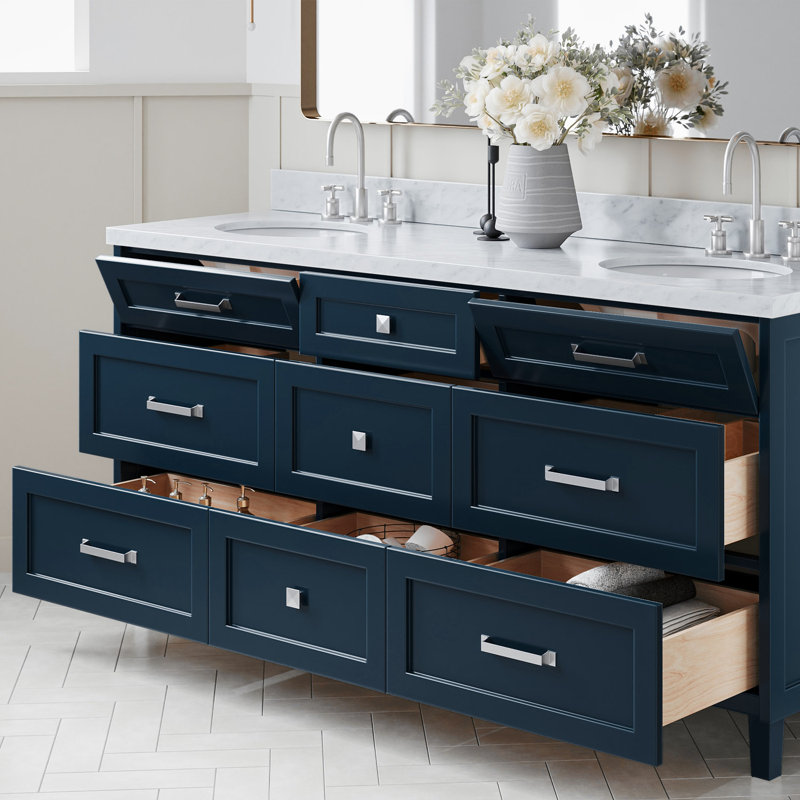ARIEL Monrow 73 Double Sink Bathroom Vanity with Italian Carrara Marble Top, Midnight Blue