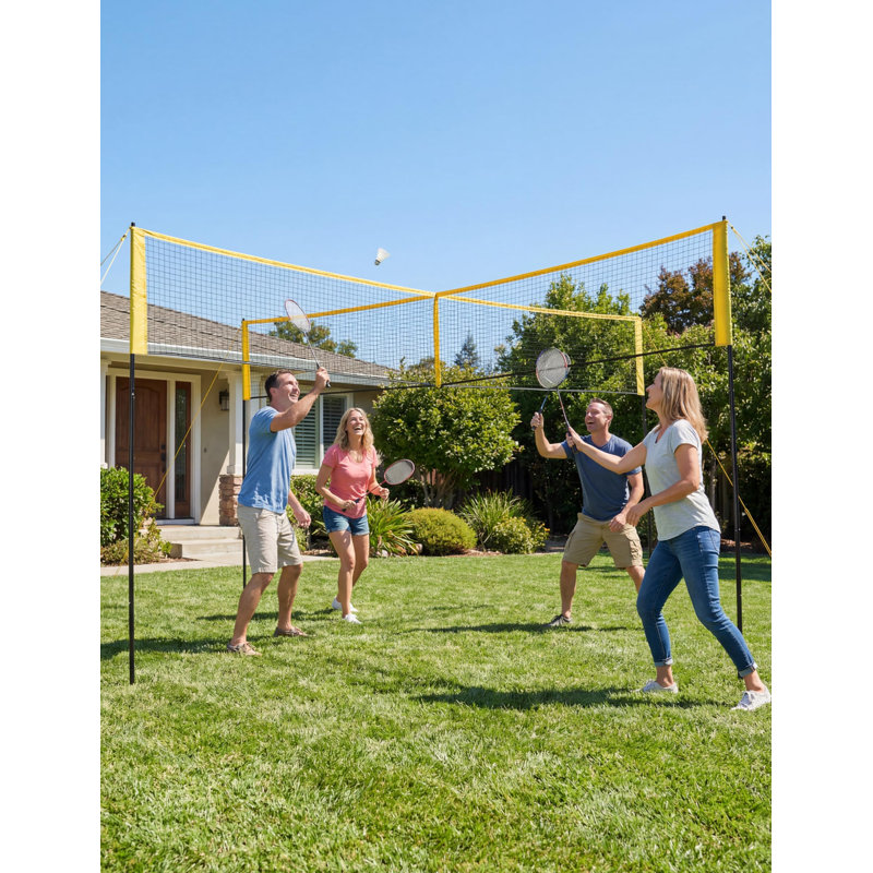 Filet de volley-ball à quatre carrés jaune, hauteur réglable, avec filet en polyéthylène double épaisseur et poteaux en fer de 0,8 mm. Hauteur ajustable de 1,52 m à 2,41 m pour jouer dans le jardin, sur la plage ou la pelouse.
