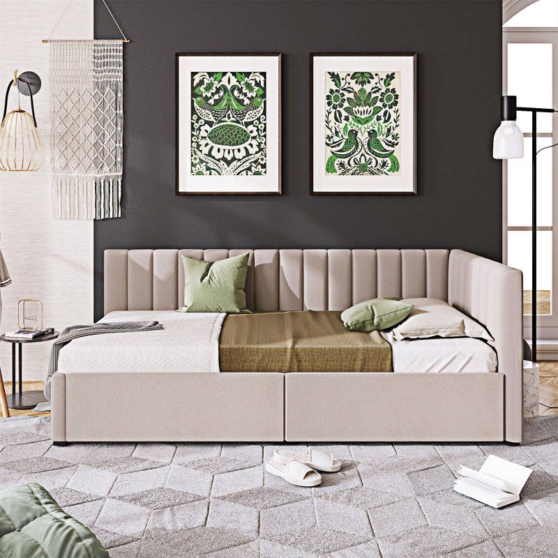 Lit de jour rembourré avec tiroirs de rangement, Beige