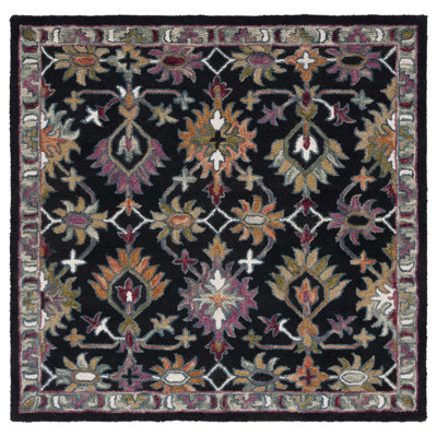 Tapis oriental en laine / coton touffeté à la main en noir / rose