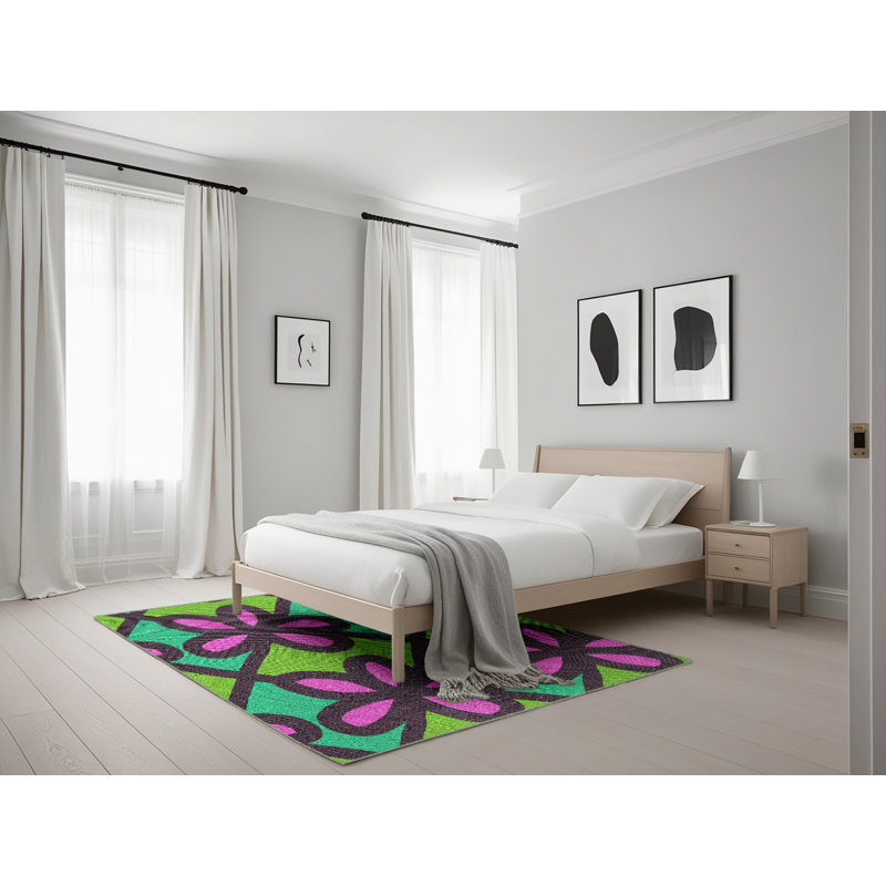 Tapis vert/rose/bleu à motif, Rectangle 5 pi x 7 pi