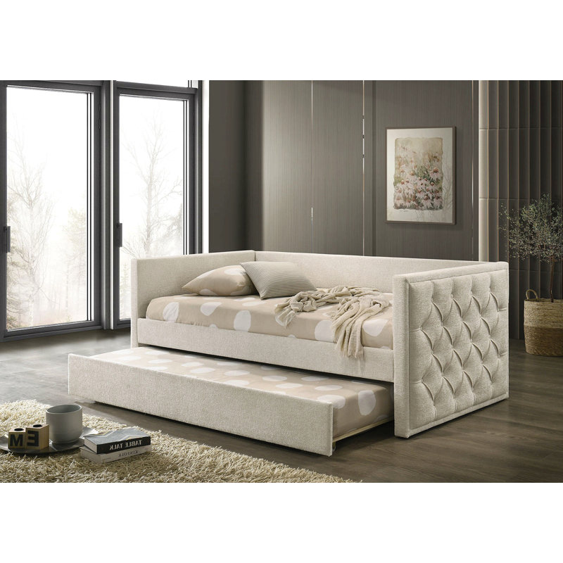 Transitional Style 1Pc Twin Size Daybed W/ Trundle Diamond Button Tufting Slim Track Arms Mattress Ready Primary Living Room