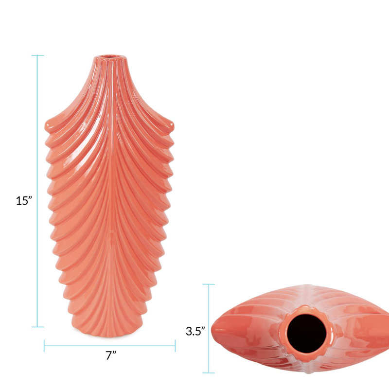 Niclas Hand Finished Glossy Coral Textured Ceramic Vase, 15" H x 7" W x 3.5" D