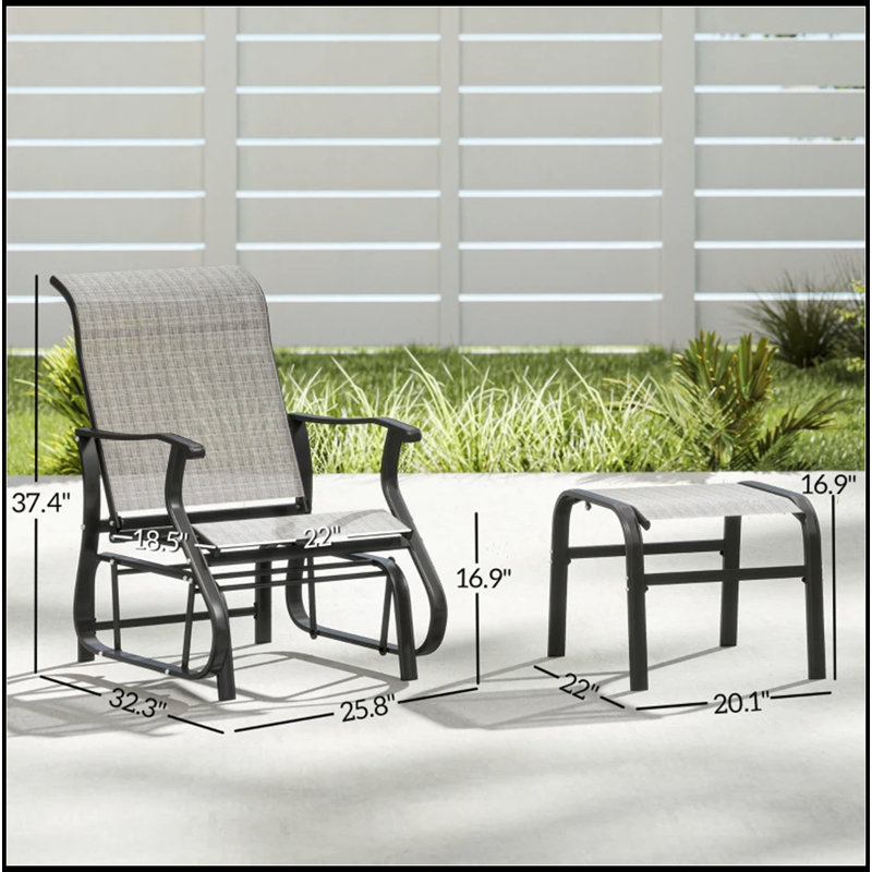 Comfortable High Back Glider Chair Set with Ottoman for Outdoor Relaxation, Black/Gray
