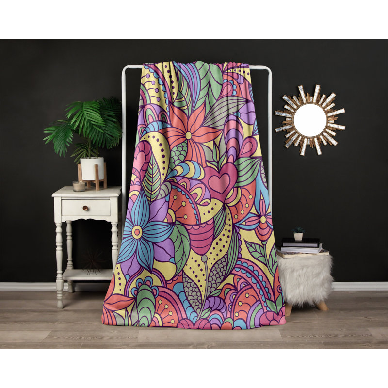 Throw Blanket, 68" W x 80" L, Floral/Abstract, Yellow/Purple/Blue