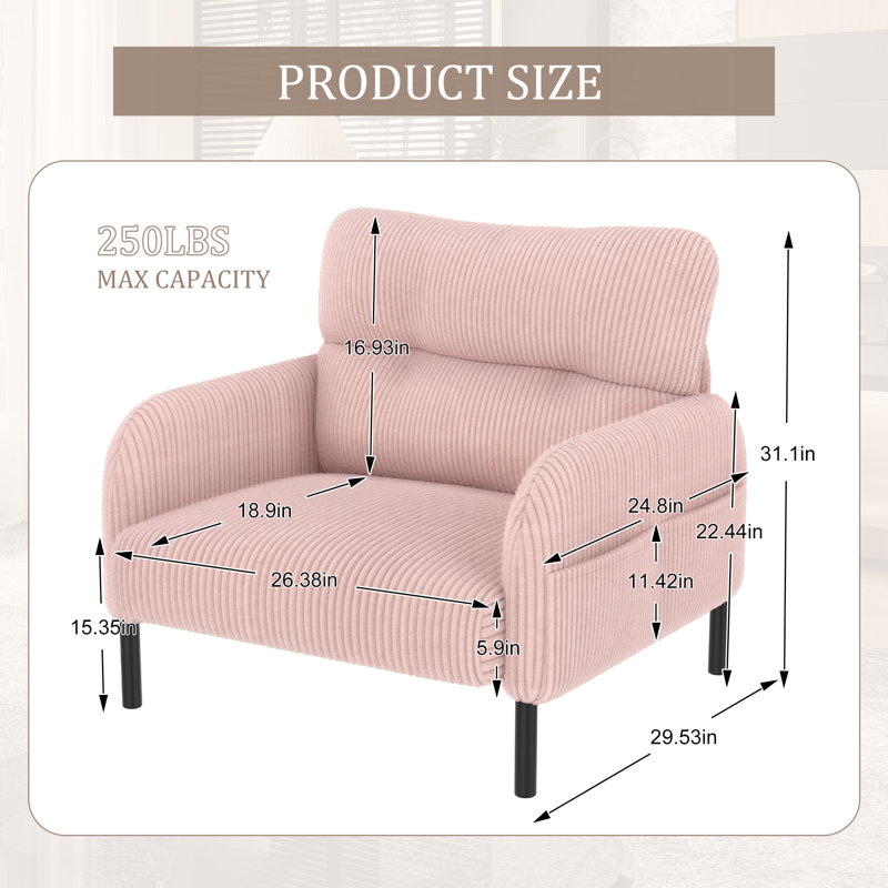 Chaise d'appoint rembourrée en velours côtelé Modern, Rose
