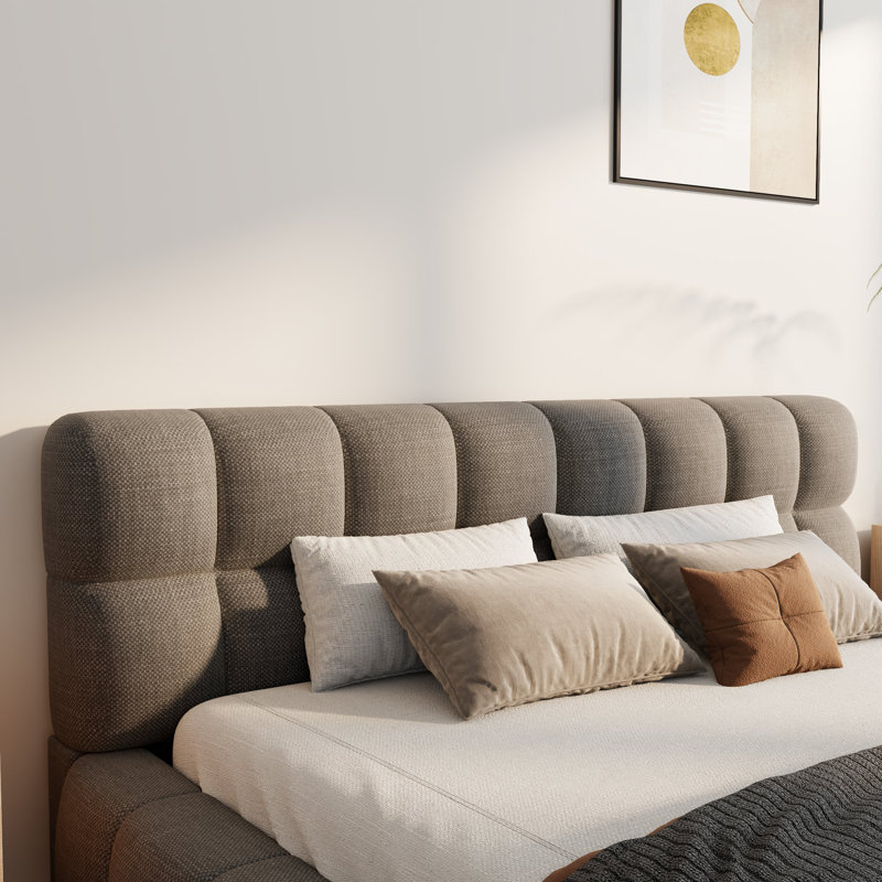 Katence Elegant Linen Platform Bed with Upholstered Headboard and Solid Frame Stability, Gray, Queen