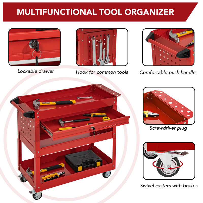 One Drawer Steel Combination Rolling Tool Chest Set, Red