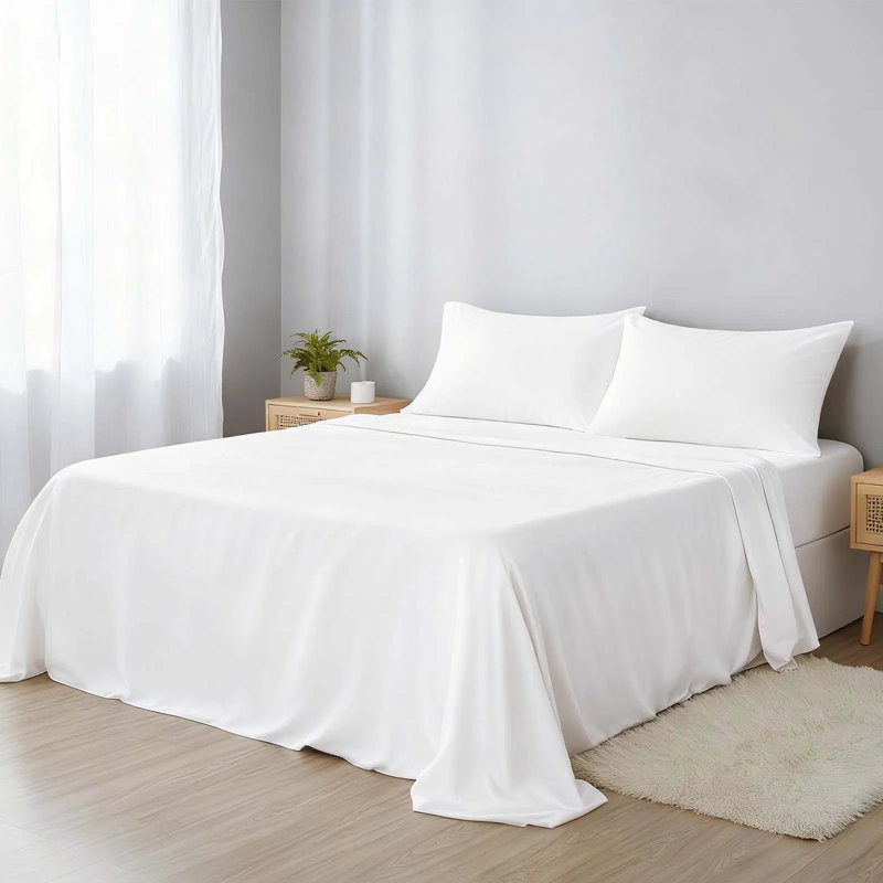 Ensemble de draps 4 pièces - Ultra doux et respirant - Mélange de coton de couleur unie lavable à la machine, Blanc