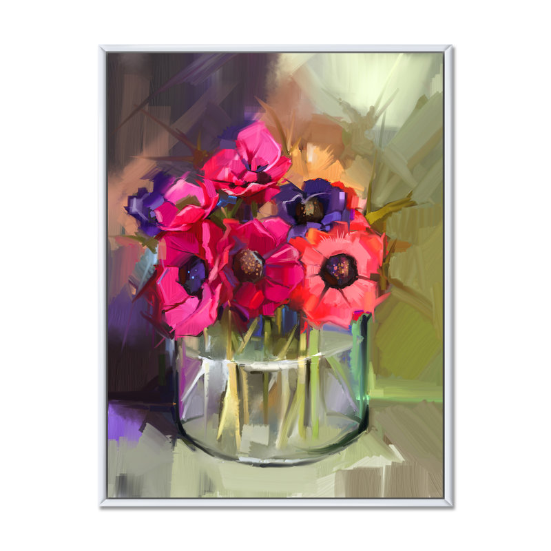 «Paint Brush Pink Spring Flowers Vase» - Art mural sur toile traditionnel, H 20 po x l 12 po x P 1 po, Cadre flottant blanc