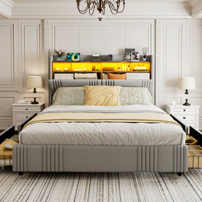 Bed Frames With Hidden Storage Headboard & 4 Drawers, 49.2” Tall Upholstered Wingback Headboard With Led Lights And Charging Station, No Box Spring Needed