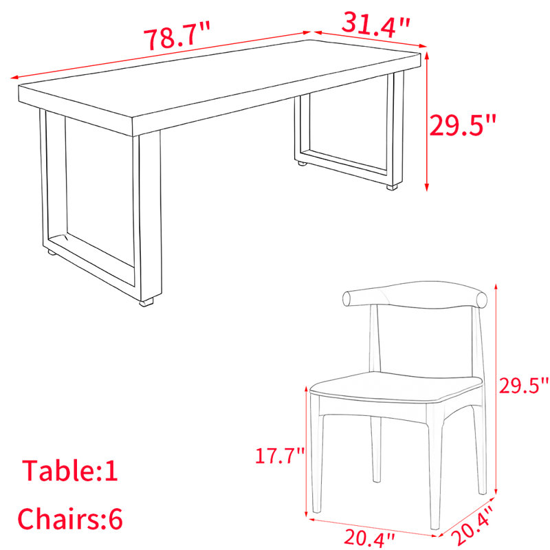 Nordic style solid wood and iron table set, 29.5"H x 78.7"L x 31.4"W