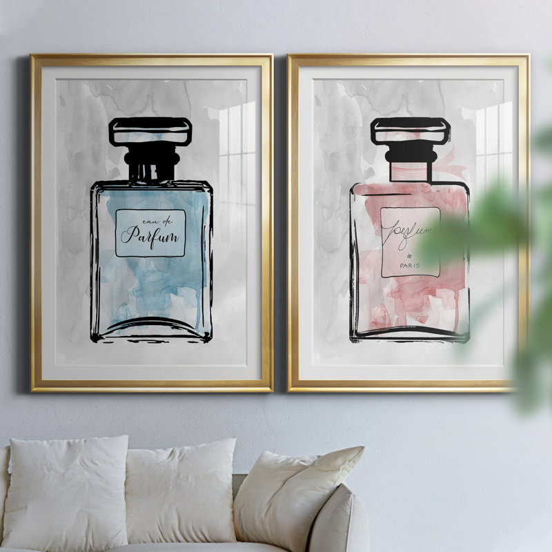 «Blue Wash Perfume», ensemble de 2 reproductions d'art, Blanc, H 26,5 po x l 73 po x P 1,5 po, Papier encadré doré