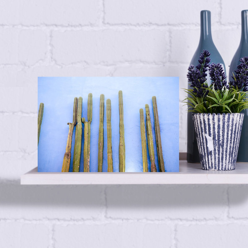 Tall Cacti on Blue | Oaxaca Mexico Travel Colorful Abstract Contemporary Cactus City Landscape Wall Art Print 1 Piece Wrapped Canvas Wall Art