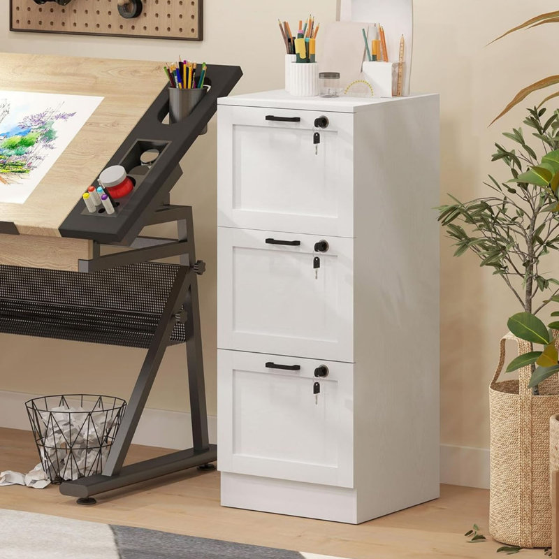 3 Drawer File Cabinet with Lock and Adjustable Hanging Bars for A4 and Letter Size File Folders White