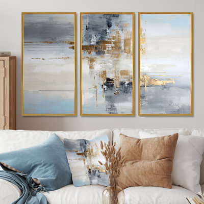 Gold Memories On Faded Blue - Abstract Wall Art Decor Set