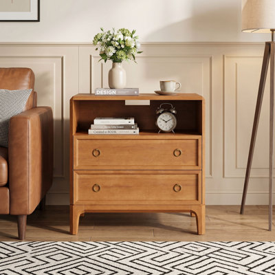 Solid Wood 28"W Nightstand – 2 Drawers, Built-in USB & AC Charging Station