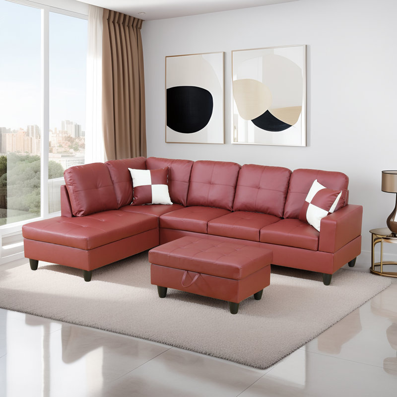 Faux Leather Sectional Left Hand Facing, Black, Red Faux Leather