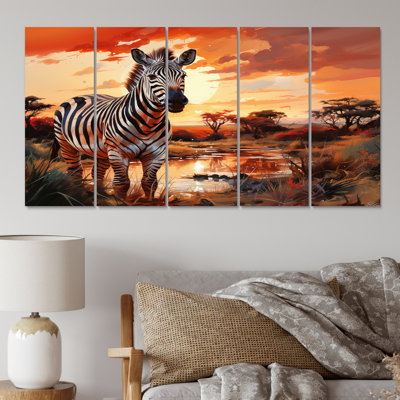 Zèbre marchant en Afrique I - animaux, reproduction d'art sur toile - 5 panneaux égaux