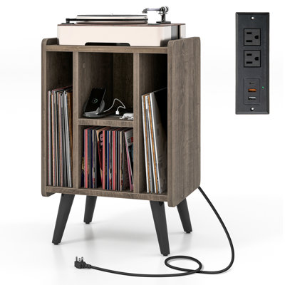 Millwood Pines Record Player Stand W/ Charging Station & Usb Ports, Nightstand Side Table W/ Vinyl Storage Cabinet For Living Room Bedroom, Album Disp by Millwood Pines