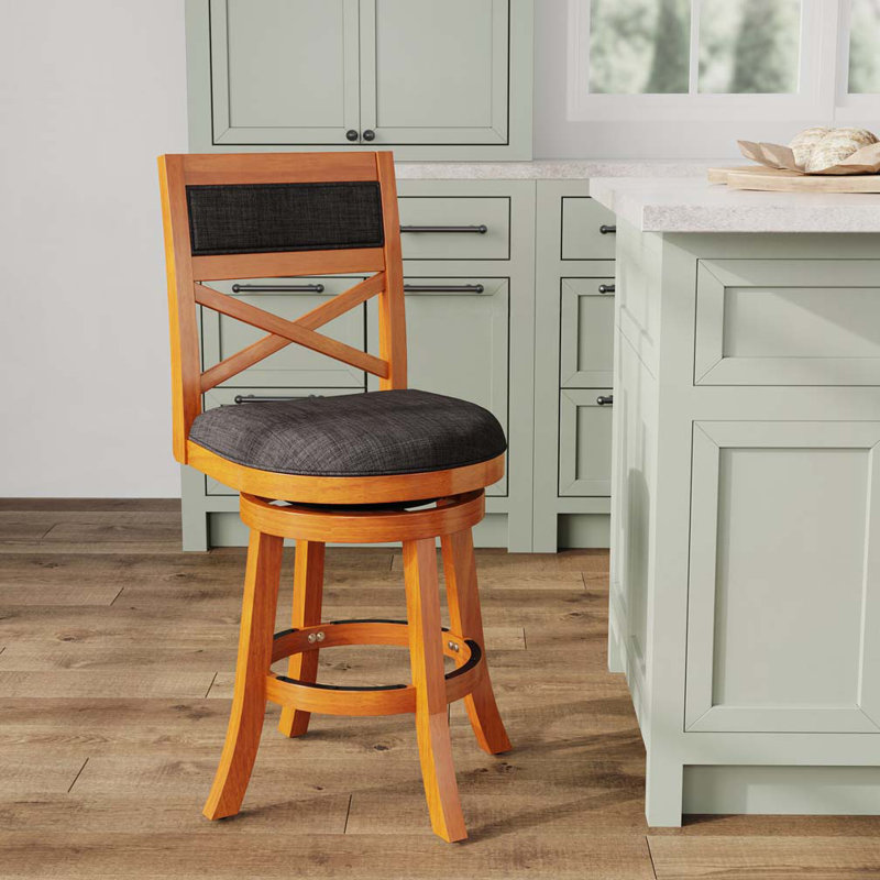 Tabourets de bar pivotants rembourrés en bois avec dossier en X, Naturel, Gris anthracite