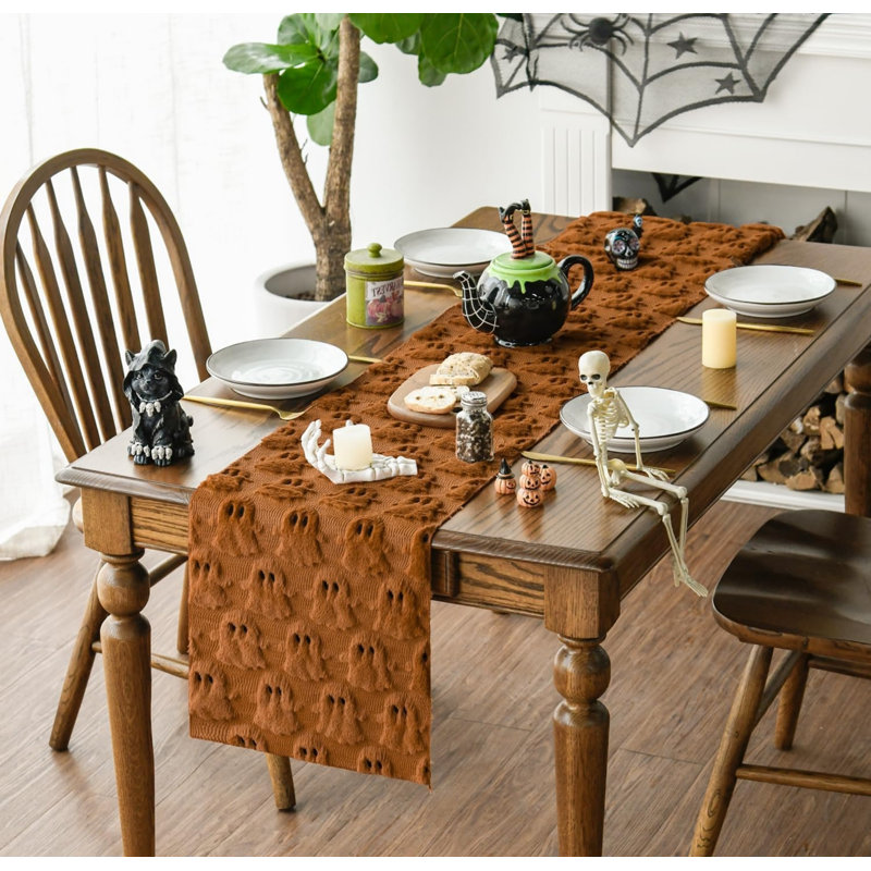 Soft Faux Fur Caramel Ghost Halloween Table Runner 33x183 cm | Seasonal Plush Fall Kitchen Dining Table Decoration for Home Party Decor