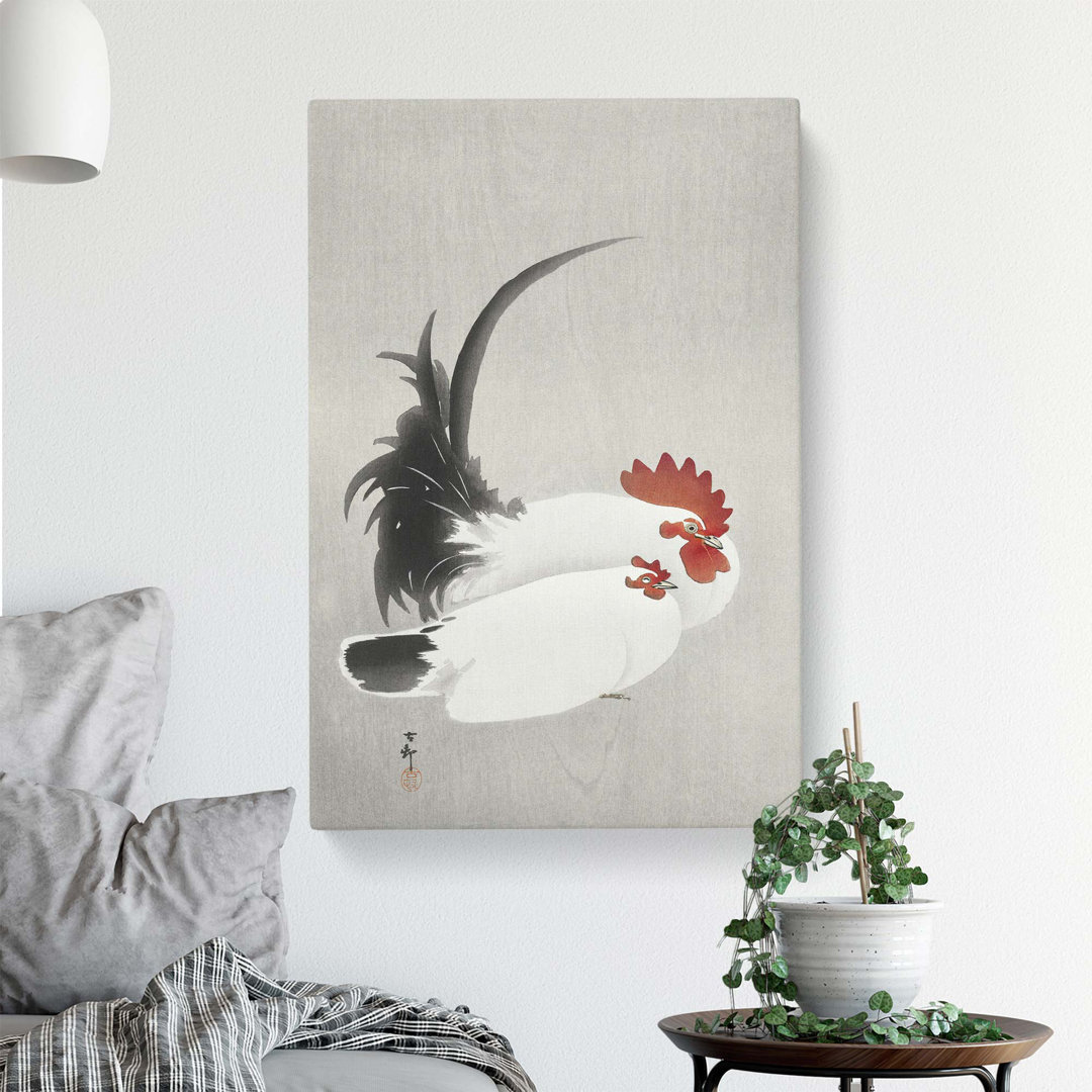 White Rooster & Hen by Ohara Koson - Wrapped Canvas