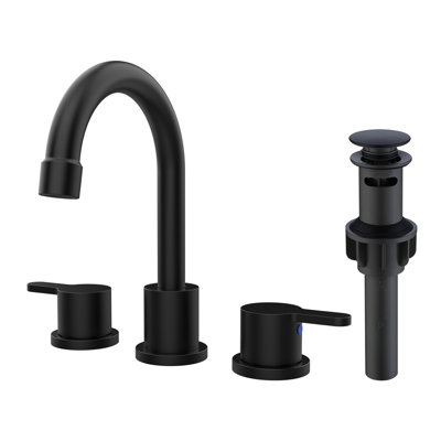 Widespread Bathroom Sink Faucet Matte Black 2 Handle 8 Inch Lavatory Faucet 3 Hole 360° Swivel Spout Vanity Sink Basin Faucets With Pop Up Drain Assembly