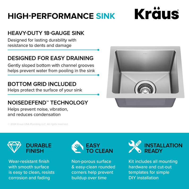 KRAUS Fairlane Undermount 18-Gauge Stainless Steel Kitchen Sink, 8" H x 15" L x 15" W, Single Bowl