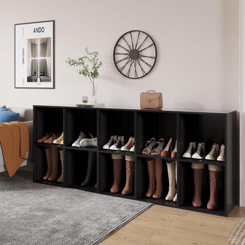Hokku Designs Shoe Rack, 10 Compartment Open Storage Display Shoes Organizer FSSR018, Obsidian Wood
