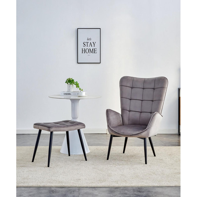 Addae Velvet Accent Chair with Footstool, Grey