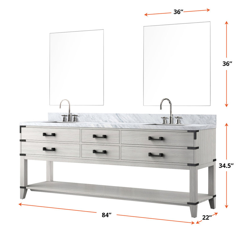 84 po L 22 po D Meuble-lavabo double en chêne blanc avec plateau en marbre, robinet, miroirs 36 po, D 84 po et 22 po, chêne, robinet et miroir