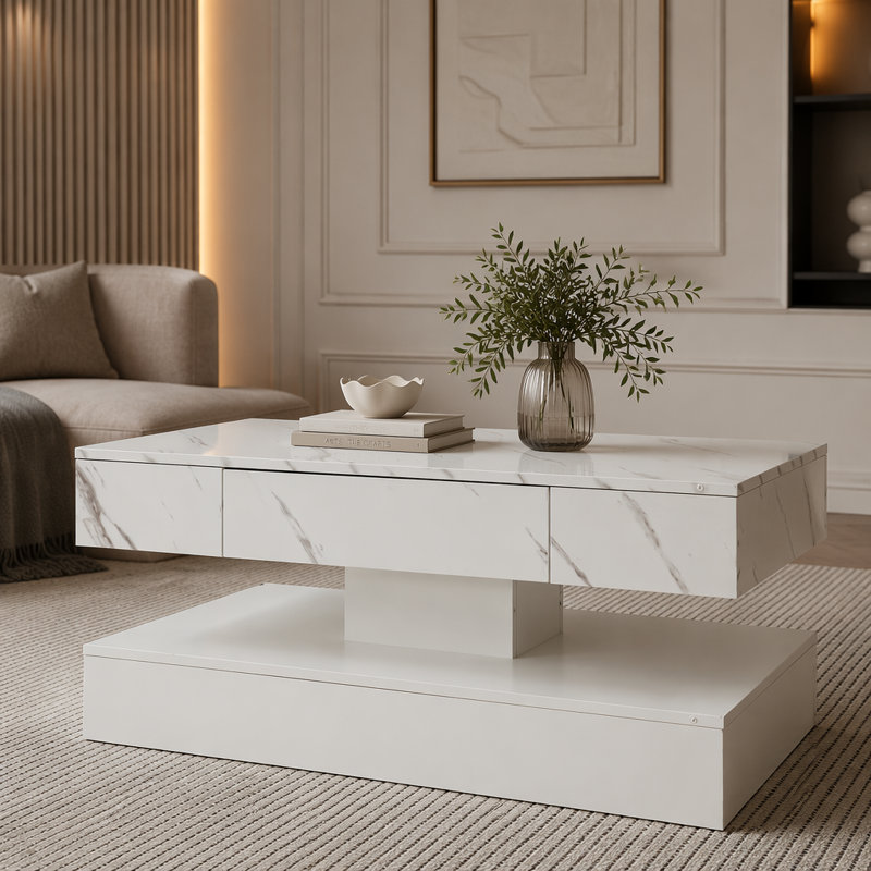Table basse moderne à DEL avec éclairage RVB et tiroir de rangement, Blanc, marbre blanc