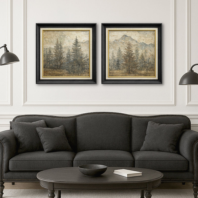 «Rustic Mountain Pine Forest Neutral Nature Landscape», reproduction d'art encadrée de la chambre principale, 2 pièces