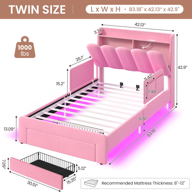 Twin-Size Upholstered Led Princess Bed Frame With Storage Drawers, Hidden Storage, Safety Rails, Charging Station, Heavy-Duty Metal Stand, Pink