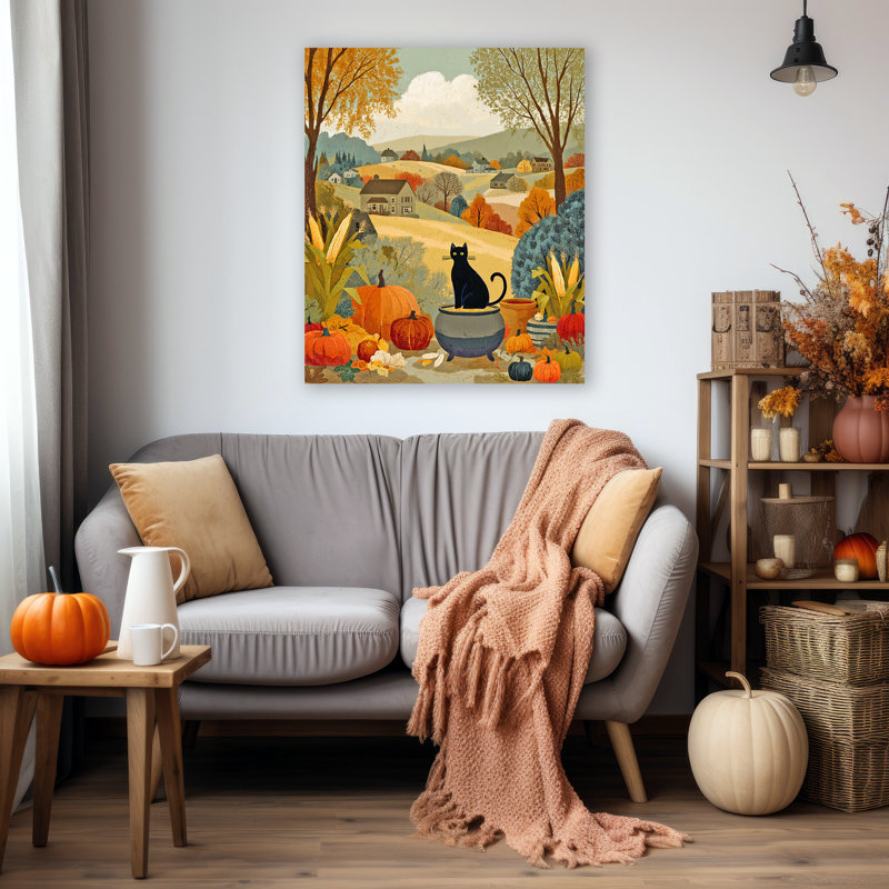 «Black Cat and Pumpkins Autumn Harvest», art mural sur toile tendue, H 30 po x l 24 po