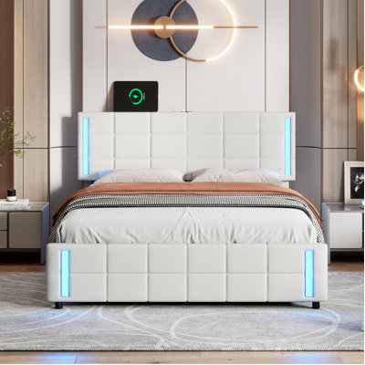 Queen Size Upholstered Platform Bed With LED Lights And USB Charging, Storage Bed With 4 Drawers -  Ivy Bronx, 9C28BED4A5924901B69AB167273B65A7