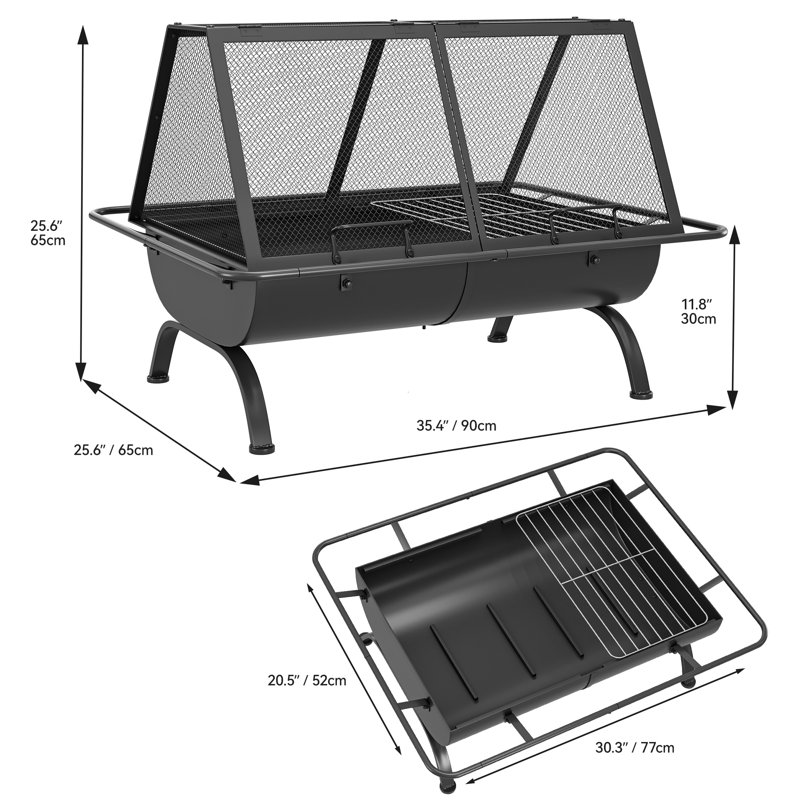 Edrosie Inc 27-Inch Outdoor Wood-Burning Fire Pit with Cooking BBQ Grill Grate, Spark Screen, Poker, Built-in Grate and Storage Bag