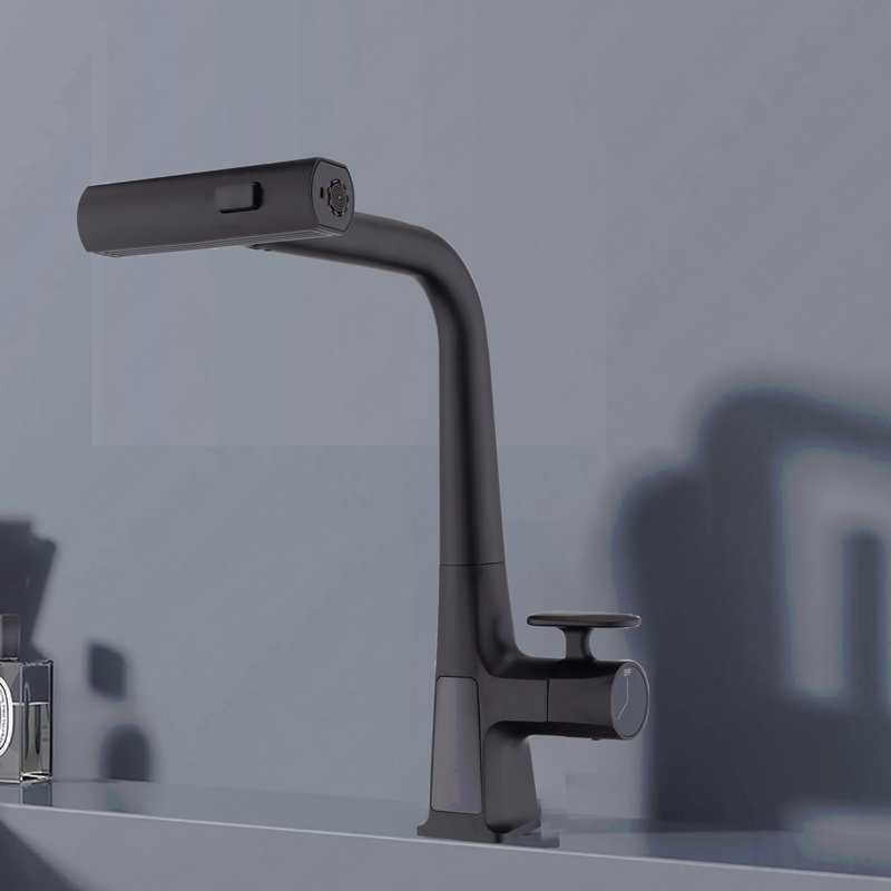 Robinet de cuisine cascade à poignée simple avec douchette rétractable et affichage de la température, 3 modes de sortie d'eau, moderne