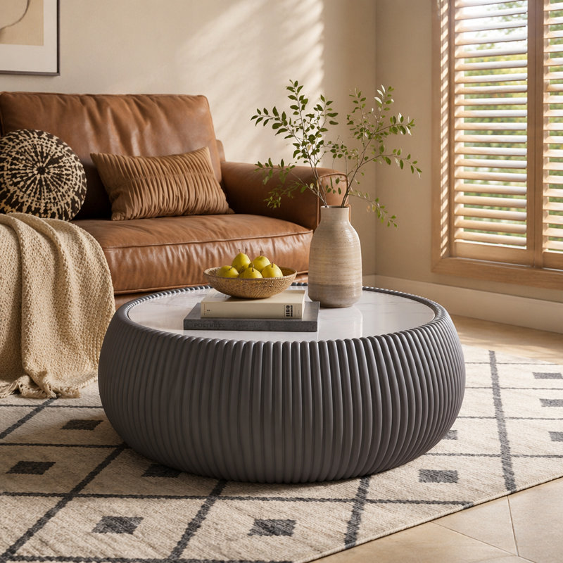 Table basse moderne en cuir clair avec plateau tambour en cuir pour meubles de salon