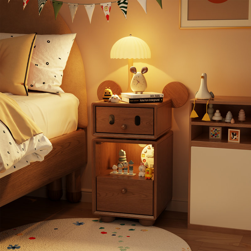 Solid Wood Nightstand with 360° Rotating Drawer, Sensor Light & 2 Drawers
