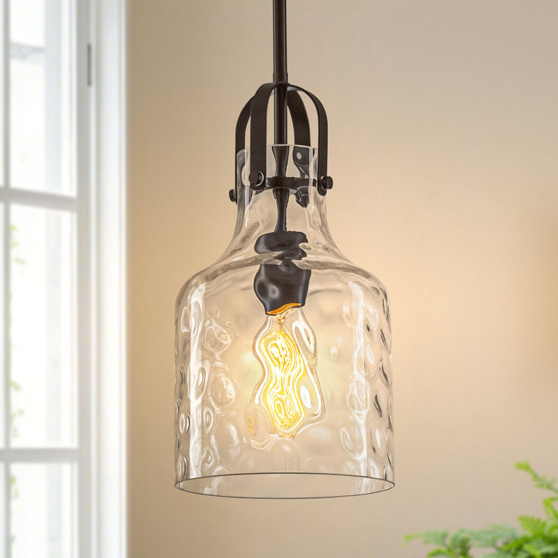 Luminaire suspendu en verre ondulé à 1 lumière, Noir mat