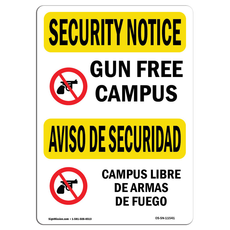 Panneau de sécurité Osha - Campus sans armes, H 24 po x l 18 po x P 0,1 po