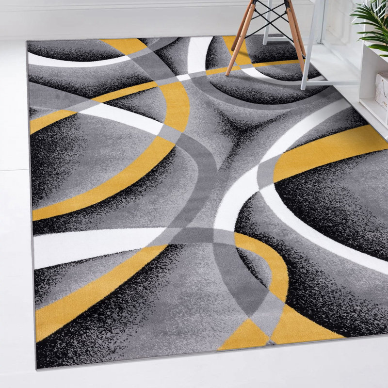Tapis d'intérieur jaune / gris tissé à la machine Arsenovic, Rectangle 8 pi x 10 pi