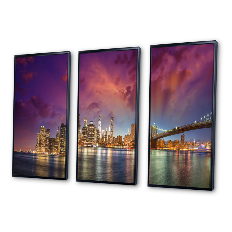 New York City Manhattan Skyline - ensemble de 3 toiles d'art encadrées, H 32 po x l 48 po, Noir