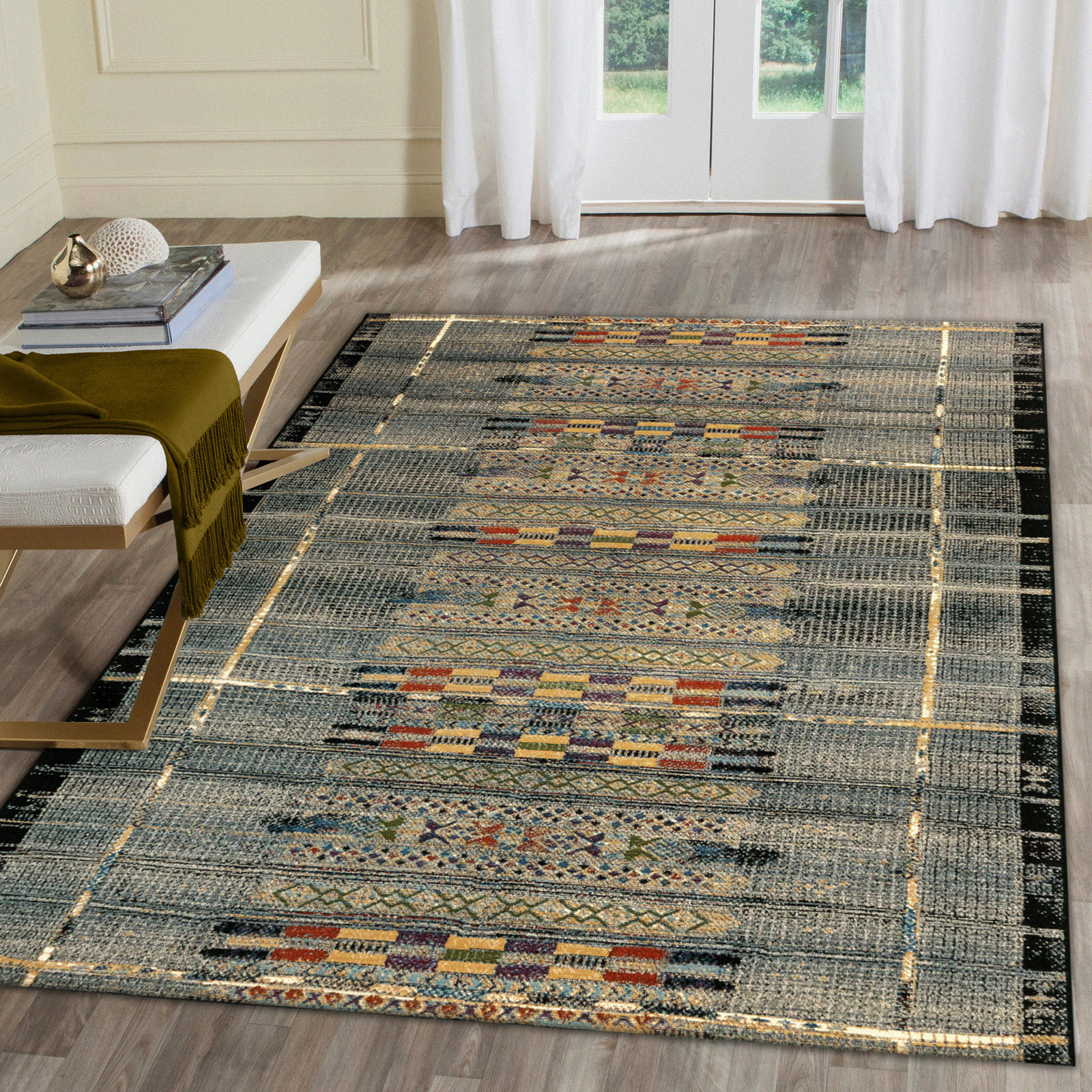 Sesena Black/Gold/Orange/Green/Blue/Ivory/Grey Indoor/Outdoor Rug, Rectangle 3'3" x 4'11"