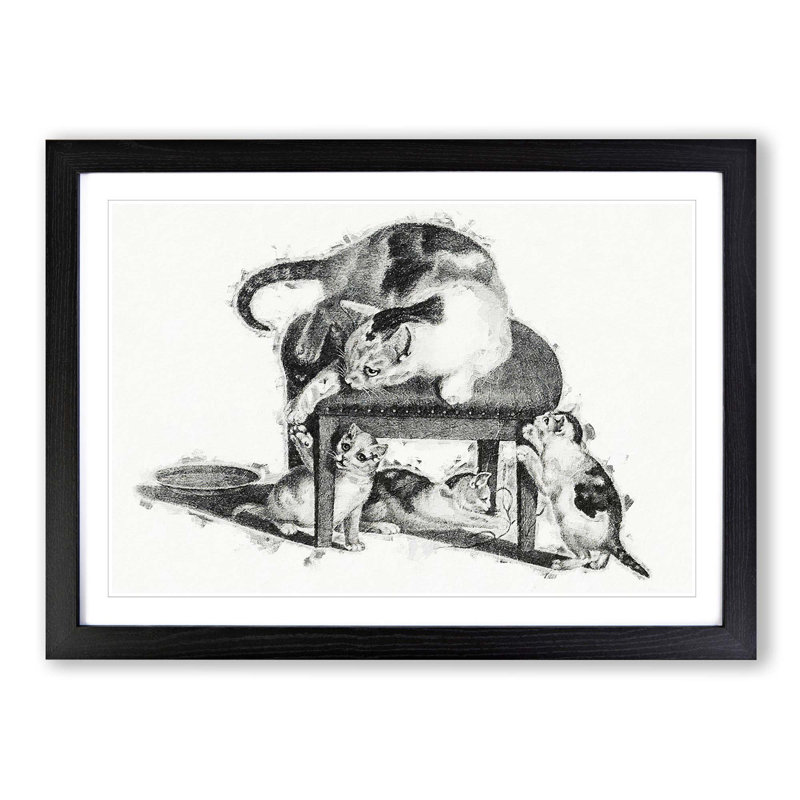 Cat with Kittens by Gottfried Mind - Picture Frame Drawing Print, 36cm H x 48cm W x 2cm D, Black Framed