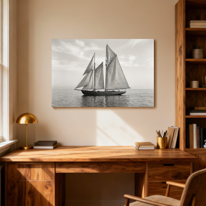 Voilier tendance sur mer calme et noire et blanche