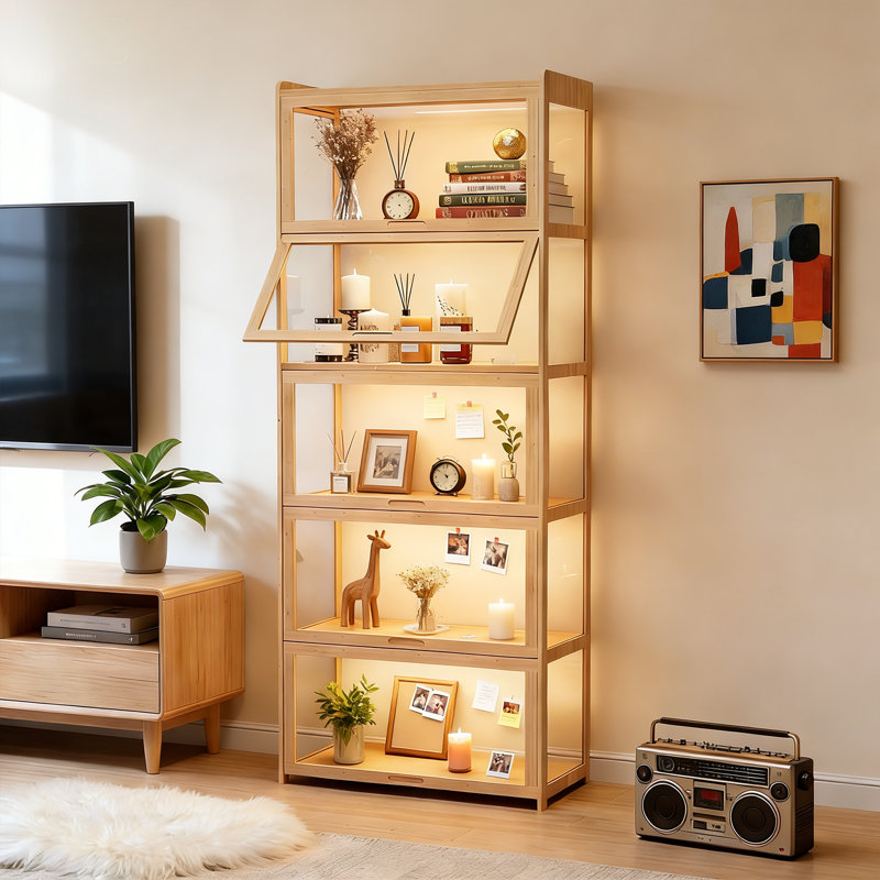 Modern Home Office 68" 5-Tier Transparent Display Cabinet Acrylic Flip Door Curio Cabinet Floor-Standing Showcase Bookshelf For Living Room Bedroom
